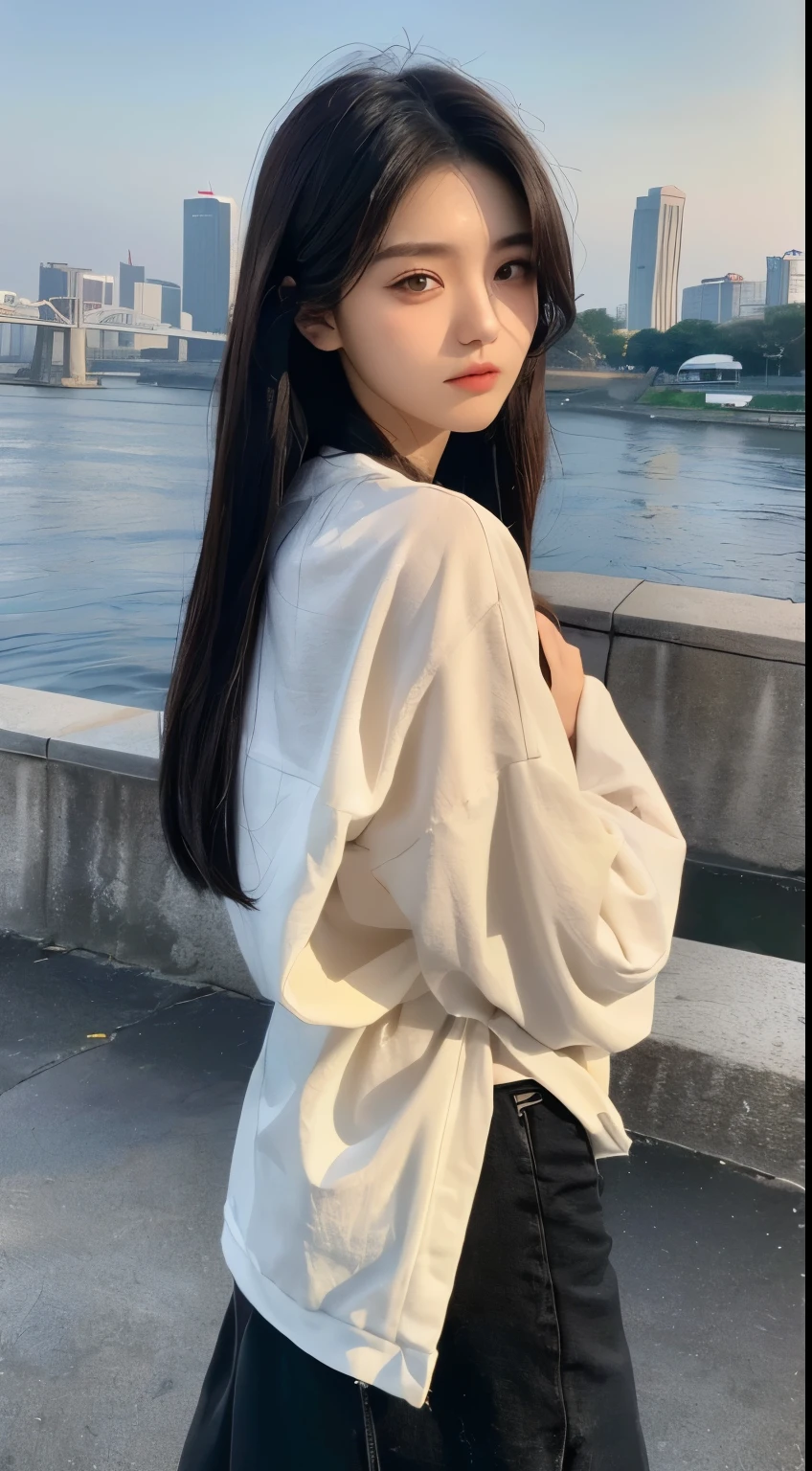 masterpiece、top quality)、1 beautiful girl、slim body、((Black and white plain clothes:1.1))、(detailed beautiful eyes)、In the Han River、((Boyish Brown Medium Hair))、((small face))、((neutral face))、((light brown eyes))、((korean girl))、((1))、((Nice girl))、((embarrassed expression))、((Korean makeup))、((long, sharp eyes))、((happy date))、((boyish))、((She is walking in front of the viewers))、((She is looking into the distance.))、((Shot from behind))