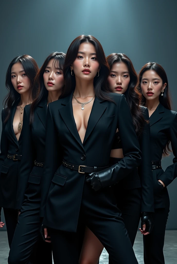 I'm taking photos for a new concept album. Create a girl group concept photo in the style of "COOL"