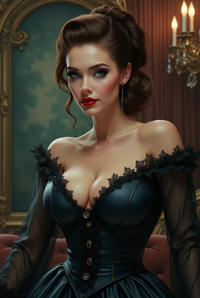 A colored pencil sketch of A beautiful Aristacrat woman with large elegant, hawk-like-nose, who embodies old fashioned class, sophistication, elgance as well as wholesome, natural beauty. curvy, thin-waist, wide-hips, swaying-hips. Laura Vandervoort. Oppulent historically accurate victorian dress.