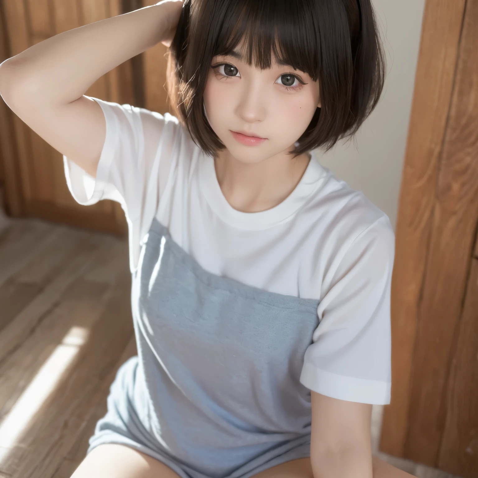 (8k,RAW Photoshop, best quality, Masterpiece:1.2,thigh high, ), (realistic, photorealistic, photo-realistic:1.37), very detailed, Beautifully detailed eyes, Beautiful, detailed nose, realistic, short hair, solo,1girl, short haircut, black hair, (looking at viewer:2), eyelashes, skinny, pale skin, cute, oversize white t-shirt, Japan, Round face, cute, cute selfie pose, tom boy,