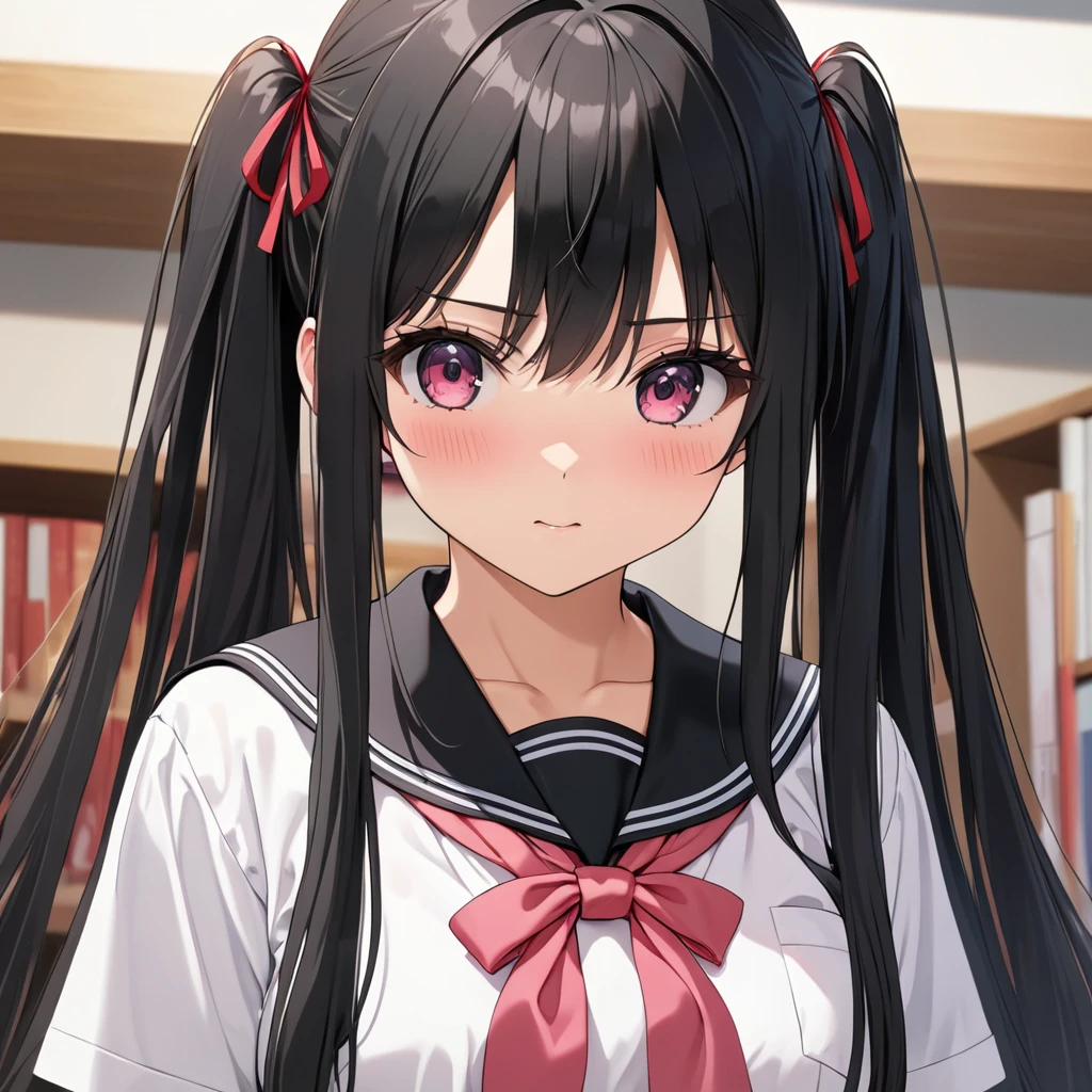 (High resolution, 8k, best quality, masterpiece, ultra detailed), anatomically correct, anime, 1girl, very long low twintails, red ribbon, very long low pigtails, black hair, serafuku, black sailor collar, white blouse, pink neckerchief, school, from front