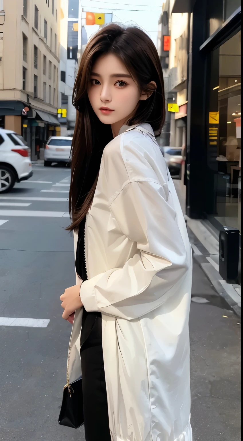 masterpiece、top quality)、1 beautiful girl、slim body、((Black and white plain clothes:1.1))、(detailed beautiful eyes)、Take a look around the store、((Boyish Brown Medium Hair))、((small face))、((neutral face))、((Face seen from the side))、((light brown eyes))、((korean girl))、((1))、((Nice girl))、((Rough appearance))、((Korean makeup))、((long, sharp eyes))、((date))、((Looking into the distance))、((boyish))、((Taken at the same height as your face))、((The viewers are tall))