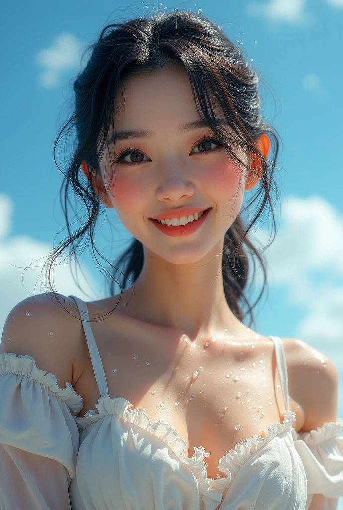 masterpiece, best quality, photorealistic, girl, Japan person, smiling, naked with only hoodie, chest open, city, portrait