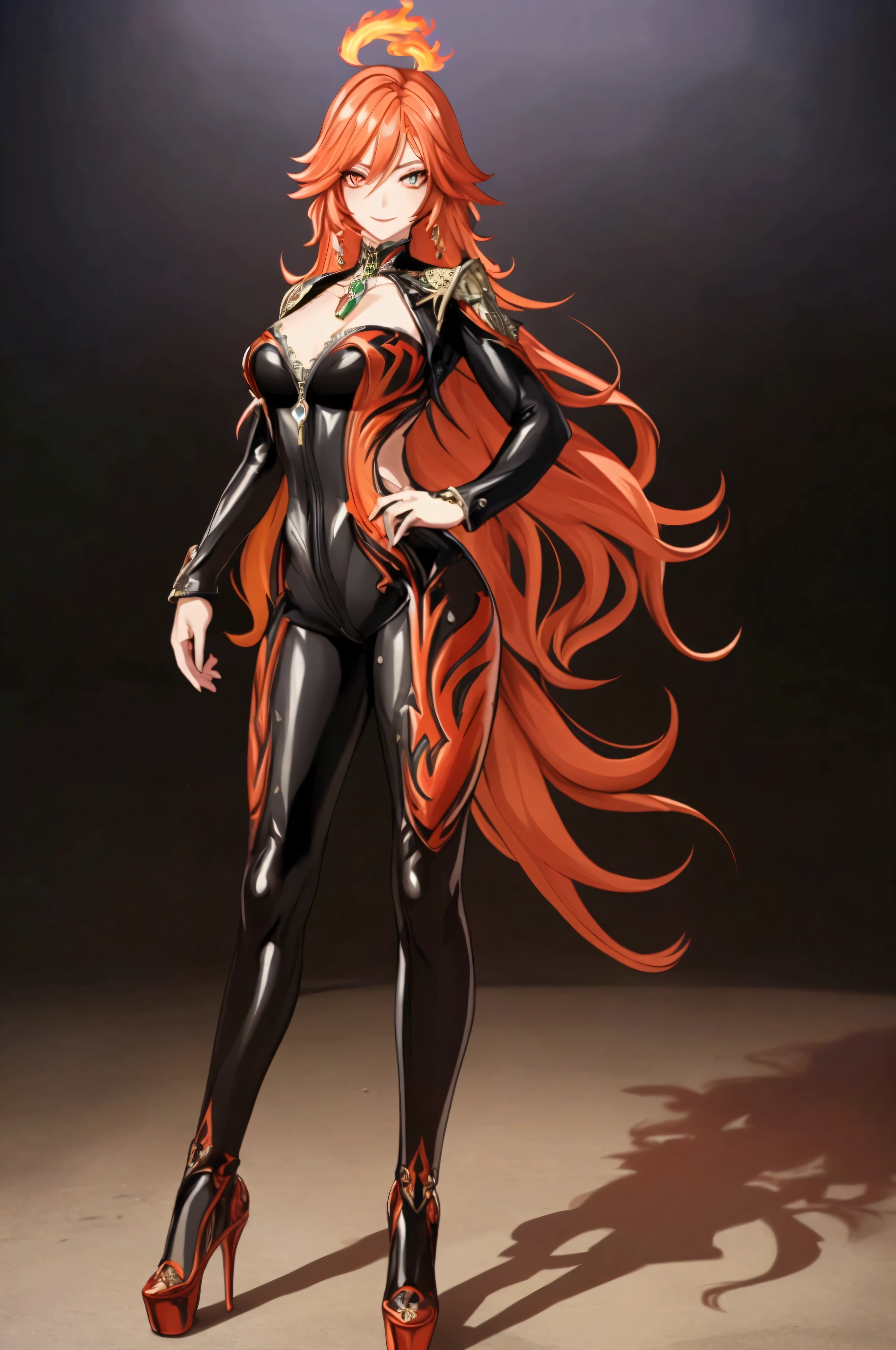 1 woman, Mavuika, genshin impact, gorgeous, smile, flaming hair, (perfect eyes:1), beautiful eyes, flamig eyes, beautiful face, (perfect face:1.3), Ultra-detailed face, (detailed face:1.3), sexy face, sexy woman, skin-thight suit, long zip, full body suit, high heels, (anatomically perfect body:1), looking at viewer, Ultra-detailed body, (detailed body:1.3), High quality, Masterpiece, Ethereal,Ultra-Detailed,8K, divine presence, breathtaking beauty, vivid colors reflects, front view, (full body:1.3)