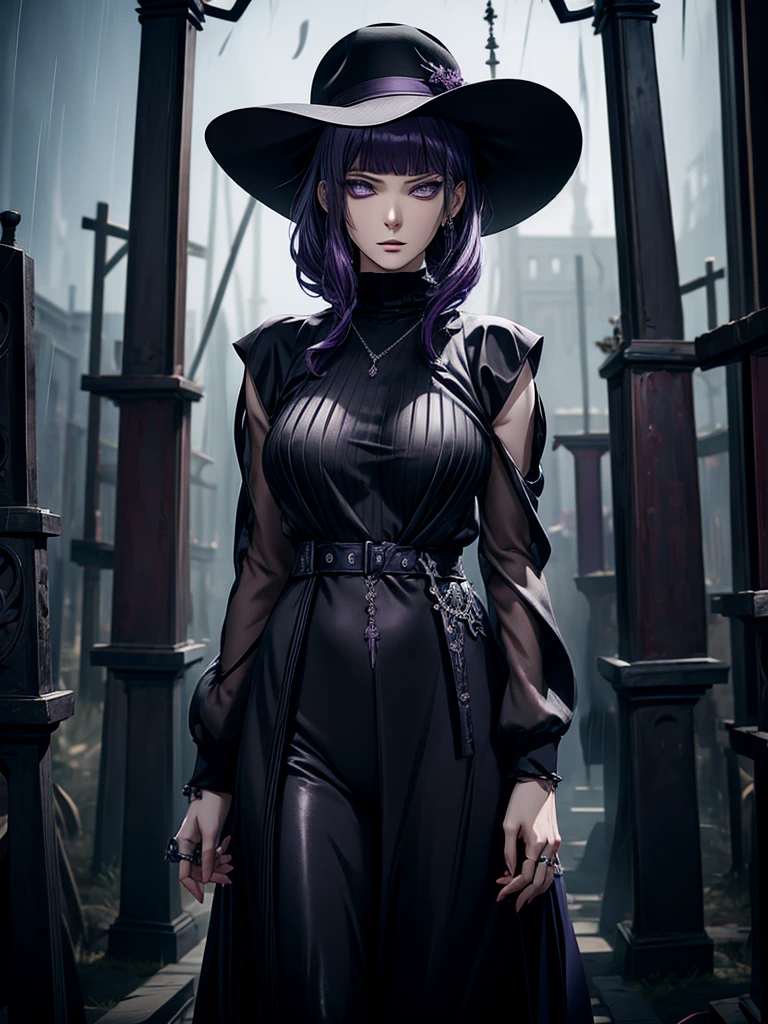 cornelia, Beautiful purple hair woman hinata hyuga is shown to have a sexy figure. She is wearing a  mafia attire , jewelry, holding a black umbrella, Girl standing in a graveyard, sexy session, front facing viewer, cowboy shot, superior quality, many details, realistic, moody face, cloudy rainy day, black mafia hat, wearing black pants, raining