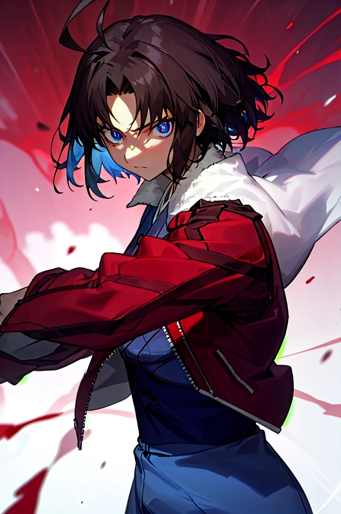 best quality, masterpiece, highres, solo, (dynamic angle), (cool pose), (hmshiki), (short hair, ahoge, red jacket, blue eyes, blue kimono, open clothes, fur trim), wield a knife, blood, blood rain, red moon, portrait, looking at viewer, perfect anatomy, perfect proportion, noise removal