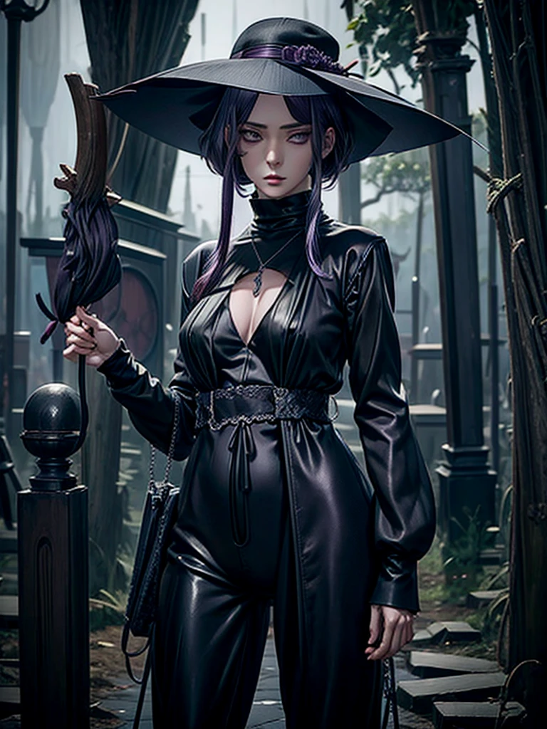 cornelia, Beautiful purple hair woman hinata hyuga is shown to have a sexy figure. She is wearing a  mafia attire , jewelry, holding a black umbrella, Girl standing in a graveyard, sexy session, front facing viewer, cowboy shot, superior quality, many details, realistic, moody face, cloudy rainy day, black mafia hat, wearing black pants, raining