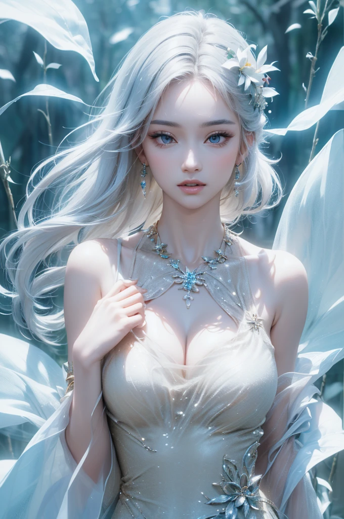 very beautiful woman, detailed face, mouth must be completely covered with white paint, albino human alien hybrid with highly detailed white ornament head, white ornament as a single limb, very white hybrid skin, hyper detailed, intricately detailed white clothing , fantasy creature image, very white skin,