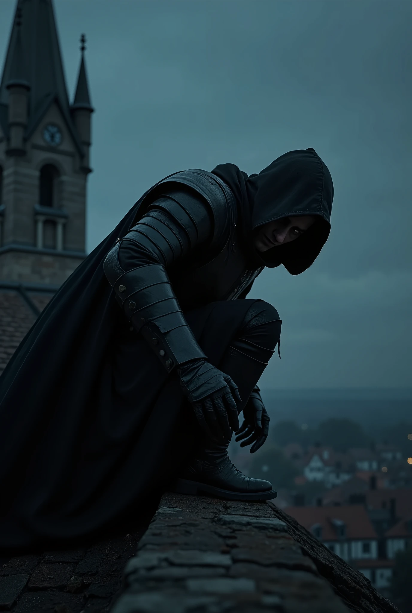 Arafed man in a black cloak and hood sitting on a wall - SeaArt AI