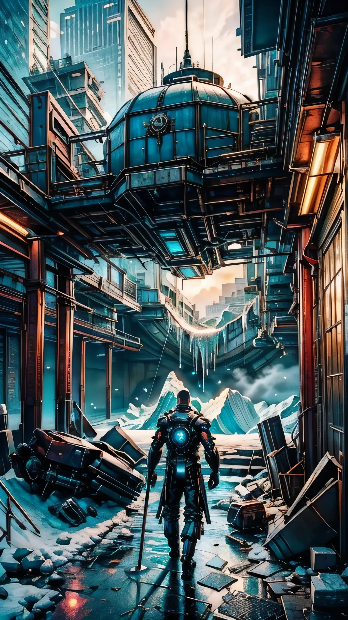 A man，Cyberpunk, Mechanical, shattered, There is a photo of a very large iceberg, Cyberpunk, Mechanical, shattered, heavy snow, Dungeon Background, Icicles background, Arena Background, Game Background, Dark cave background,