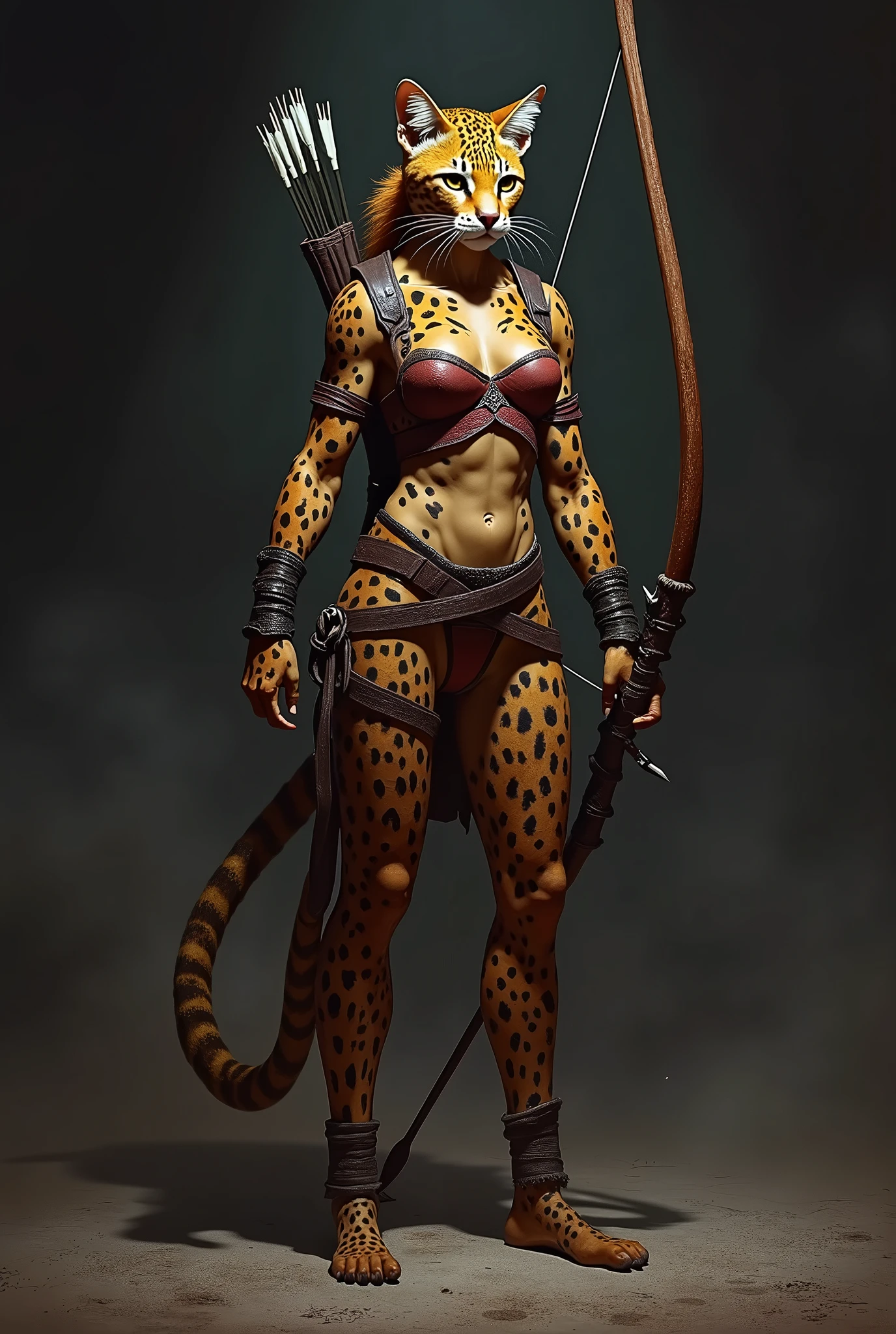 ((Tiger Girl)),((,Fantasy,middle ages,Flat Chest)),((hunter))anime,d&d, alone,Women's furry mini cute style,humanoid cheetah,No light,Left facing