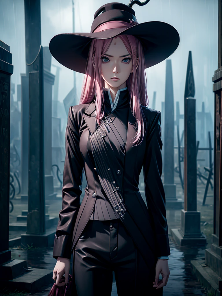 cornelia, Beautiful pink hair woman sakura h is shown to have a sexy figure. She is wearing a  mafia attire , jewelry, holding a black umbrella, Girl standing in a graveyard, sexy session, front facing viewer, cowboy shot, superior quality, many details, realistic, moody face, cloudy rainy day, black mafia hat, wearing black pants, raining