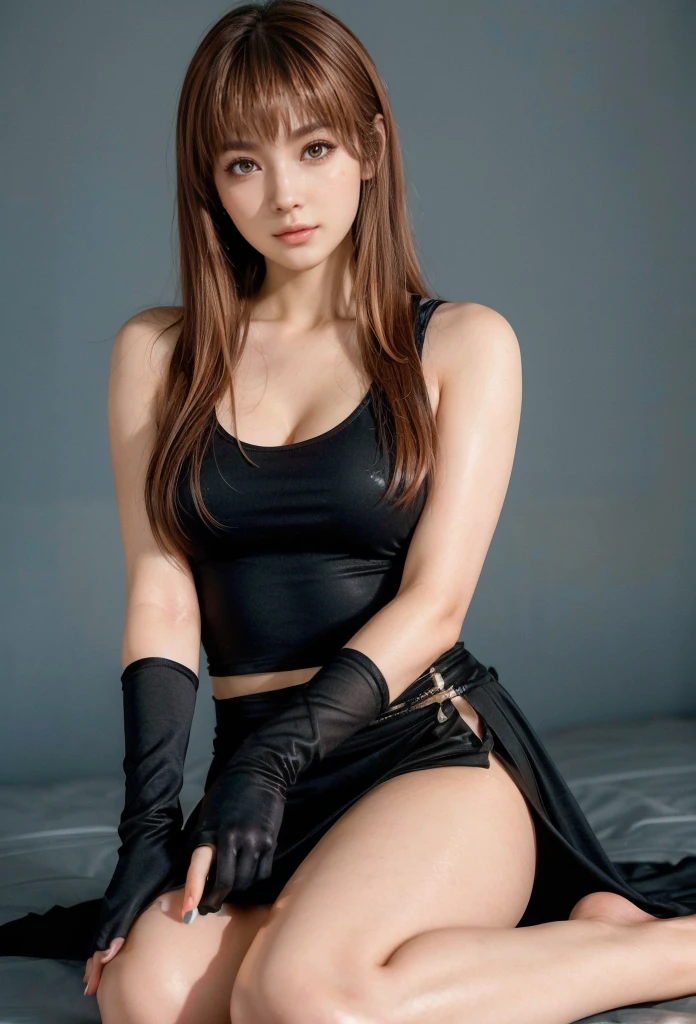 (8K, Top Quality, Masterpiece: 1.2), (Realistic, Photorealistic: 1.37), Ultra HD, Final Fantasy VII Remake's Tifa Lockhart sitting on a date in a highly detailed café in a cityscape A detailed portrait with beautiful detailed eyes and a blushing nose that makes you look cute and solo. She wears single elbow pads, ankle boots, a black skirt, black thigh-highs, red boots, and elbow gloves, elbow pads, and fingerless gloves. Her outfit includes a sports bra, suspender skirt, thigh highs, and a white tank top. The full body is visible with the head resting on the hand, revealing a pretty face, long hair tied low, and lips. The scene is lit with professional lighting, photon mapping and radiosity, creating a cyberfuturistic atmosphere in the style of Tetsuya Nomura. The background features yellow flowers and a bokeh effect. Tifa smiled a little and closed her mouth.