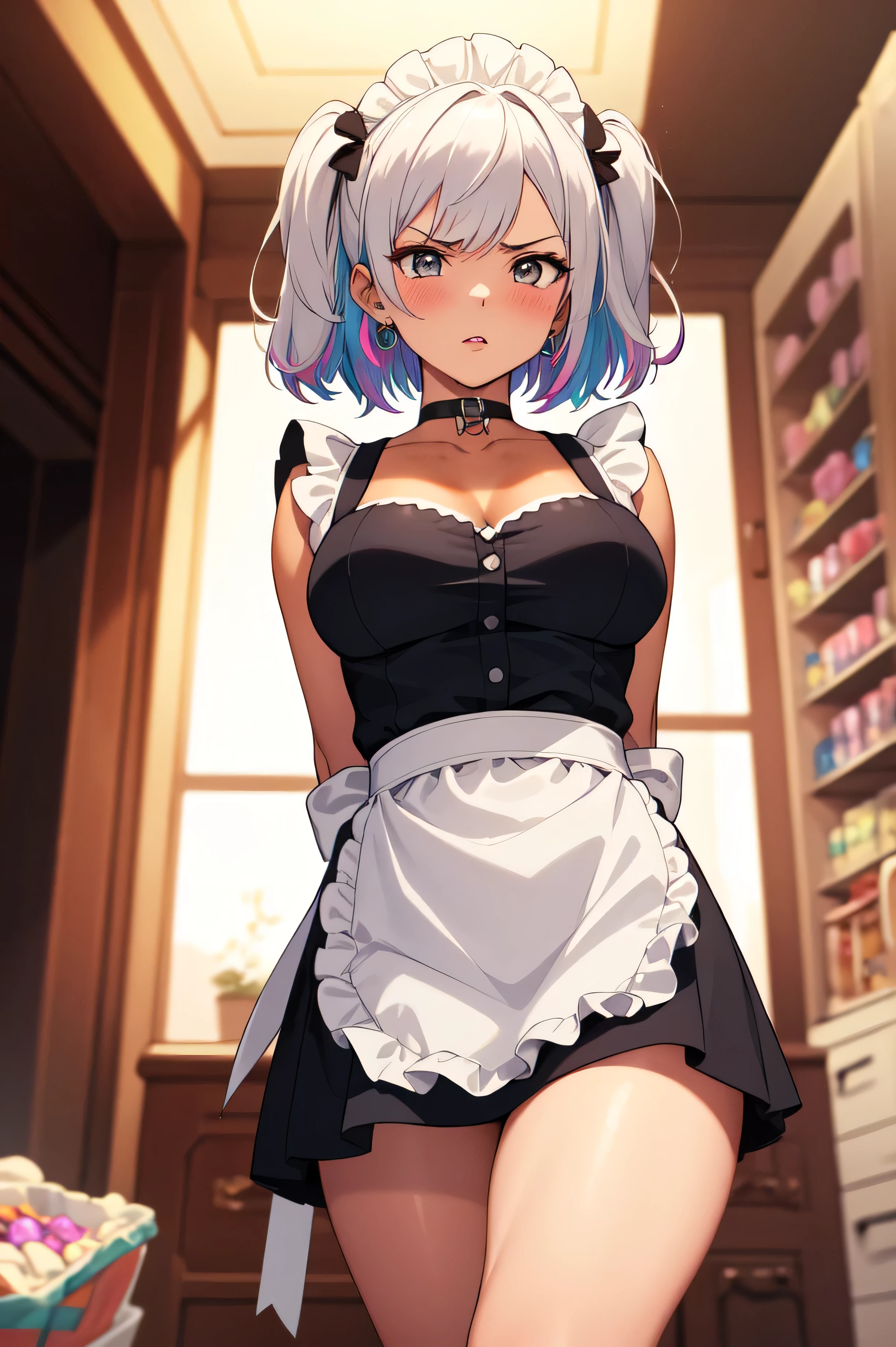 (masterpiece, best quality:1.2), extremely detailed, detailed hair, intricate details, finely detailed, soft lighting, volumetric lighting, 1girl, solo, , , from below , looking at viewer, arms behind back, thick thighs, curvy, medium breasts , maid, maid apron, parted bangs, , white hair, multicolored hair,two side up ,messy hair, angry , lips, (tan) , choker ,tribal earrings , blush, A whimsical, pastel-colored candy store filled with sweet treats and nostalgia ,