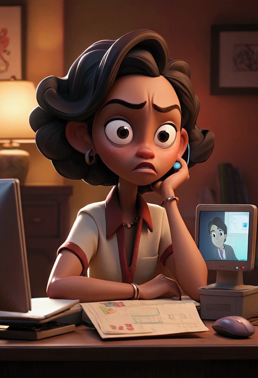 Maya's Apartment: An image of a dimly lit apartment with multiple computer screens on a desk, Maya sitting at the desk. Show her startled, looking at her phone as the unknown number flashes across the screen.