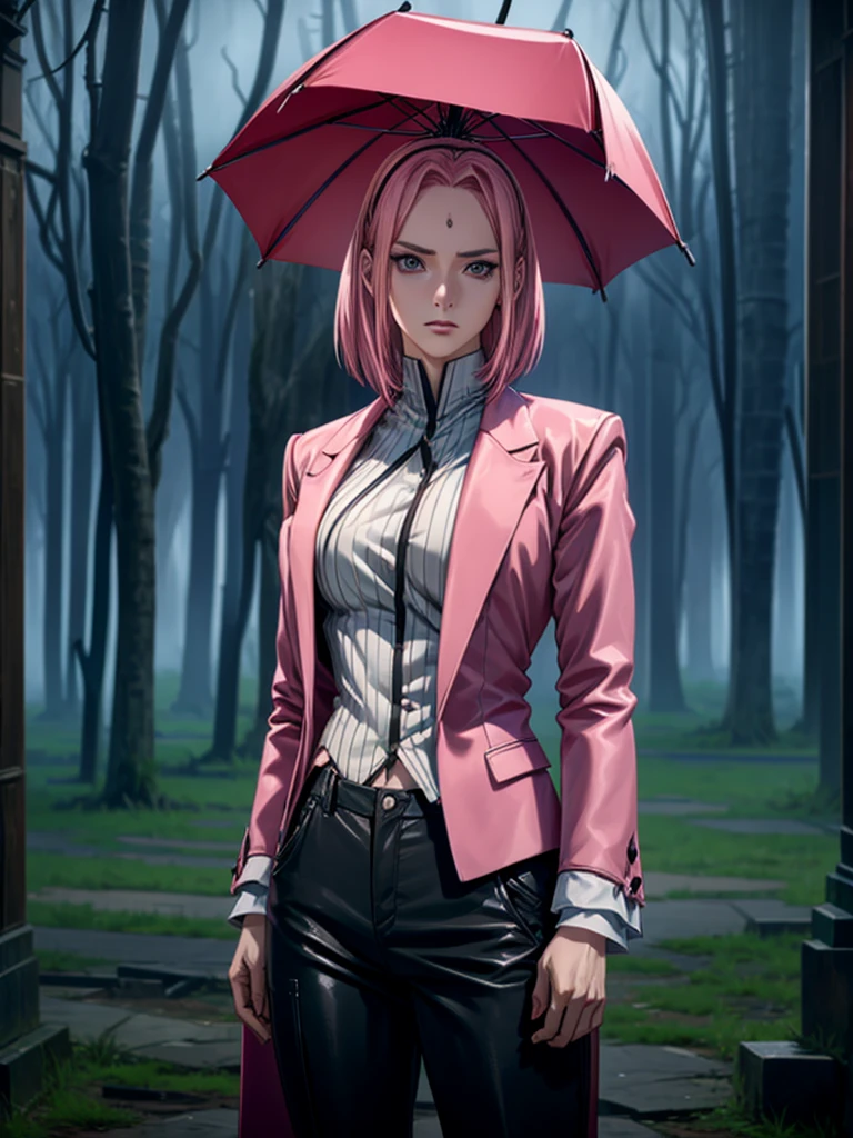 cornelia, Beautiful pink hair woman sakura h is shown to have a sexy figure. She is wearing a  mafia attire , jewelry, holding a black umbrella, Girl standing in a graveyard, sexy session, front facing viewer, cowboy shot, superior quality, many details, realistic, moody face, cloudy rainy day,  wearing black pants, raining