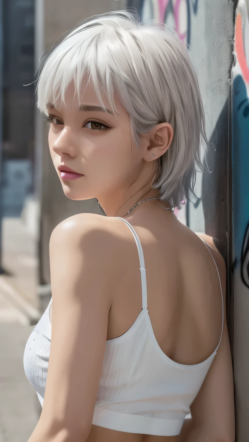 masterpiece, best quality, very detailed, 8k, realistic, one girl, alone, minx, very detailed face, (Headshots:1.5), Standing in front of a wall covered in hip-hop graffiti, Pixie cut white hair, He is wearing a short tank top..,I see your heart,nice ass,