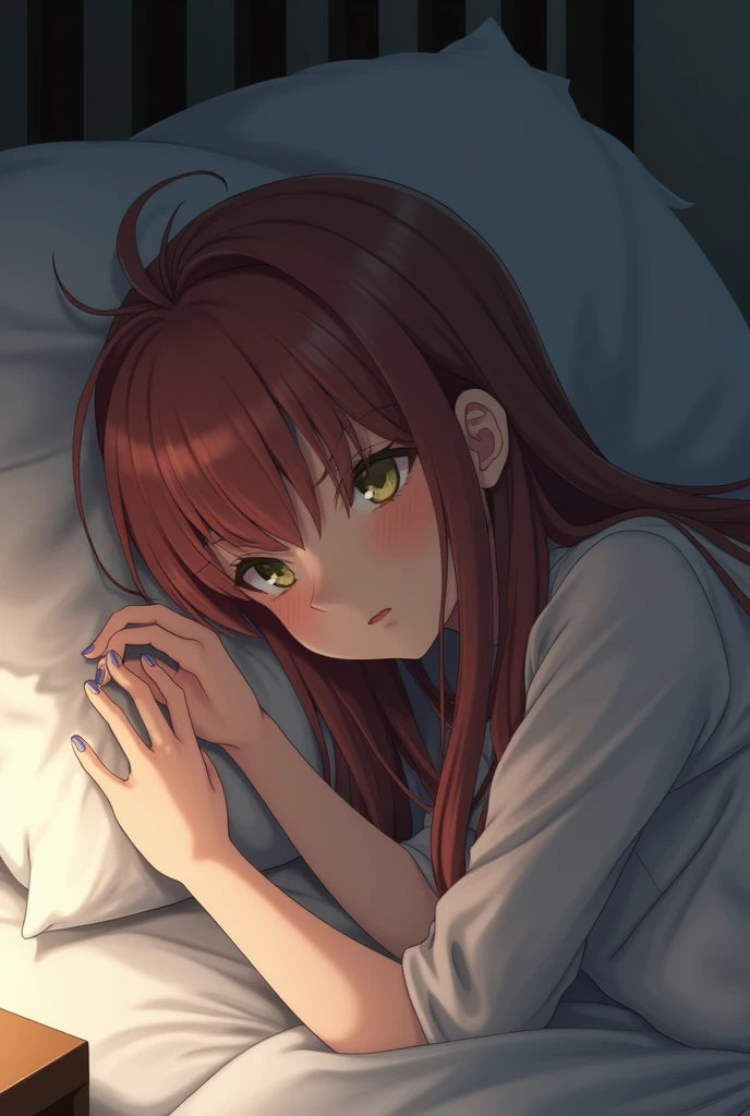 itsukinakano, Itsuki Nakano, bangs, hair between eyes, Ahoge, redhead, ,girl sleeping with both eyes closed,smile,Bedroom, windows,romantic starry sky,A meteor crosses,T-shirt,red underwear,sleeping in bed,night,sleep with your head on the pillow,Sleeping lying on your back in bed,dark room,night,
break indoors, Bedroom,
break (masterpiece:1.2), highest quality, High resolution, unity 8k wallpaper, (shape:0.8), highly detailed face, perfect lighting, Very detailed CG, (perfect hands, perfect anatomy),