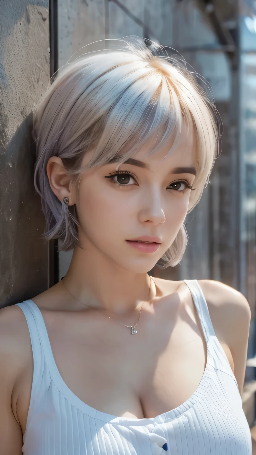 masterpiece, best quality, very detailed, 8k, realistic, one girl, alone, minx, very detailed face, (Headshots:1.5), Standing in front of a wall covered in hip-hop graffiti, Pixie cut white hair, He is wearing a short tank top..,I see your heart,nice ass,