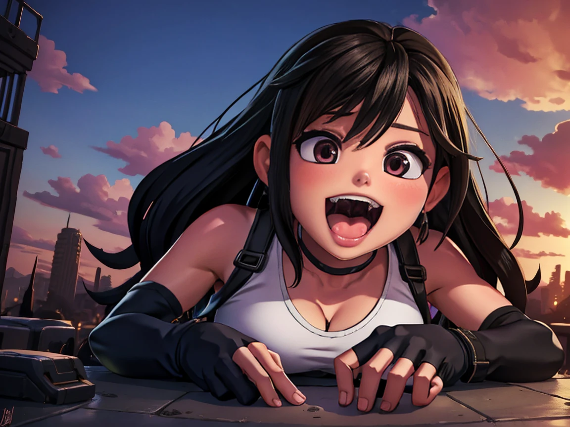 tifa lockhart, final fantasy vii remake, 1girl, black hair, blurry,  red eyes,  wearing her signature white tank top,  and fingerless gloves. Tifa Lockhart from Final Fantasy VII with a playful expression, tongue out, and a slight blush on her cheeks. She smiles mischievously while looking at the viewer, her massive size emphasized by her giantess form. The scene captures a close-up of her face, with Tifa towering over a small urban area, lying face down, smiling playfully with her mouth open wide, ready to eat tiny people she holds in her hand. The low-angle perspective from the street shows her enormous figure dominating the view, her long hair cascading down around her. With the backdrop of a sunset casting a warm glow, small buildings crumble around her, steam rising from the rubble as terrified residents flee. Tifa blushes slightly, enjoying the chaos, while her fingers grip the tiny people, lifting them towards her open mouth. The scene blends horror and awe, capturing the playful yet powerful nature of Tifa in this anime-style aesthetic."