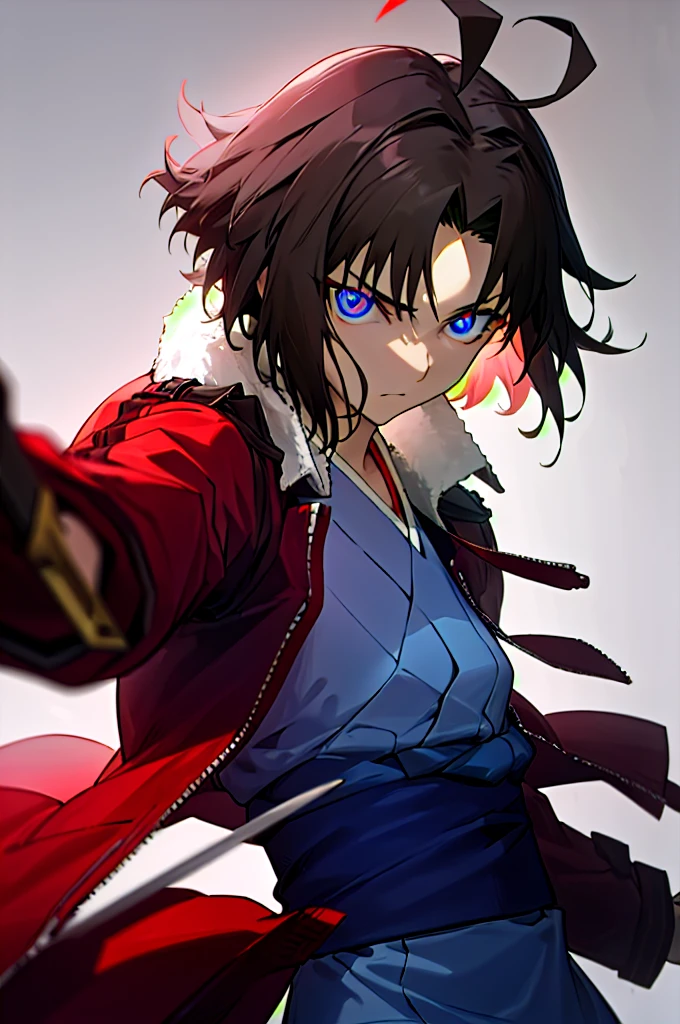 best quality, masterpiece, highres, solo, (dynamic angle), (cool pose), (hmshiki), (short hair, ahoge, red jacket, blue eyes, blue kimono, open clothes, fur trim), wield a knife to shed blood, red moon, portrait, looking at viewer, perfect anatomy, perfect proportion, noise removal