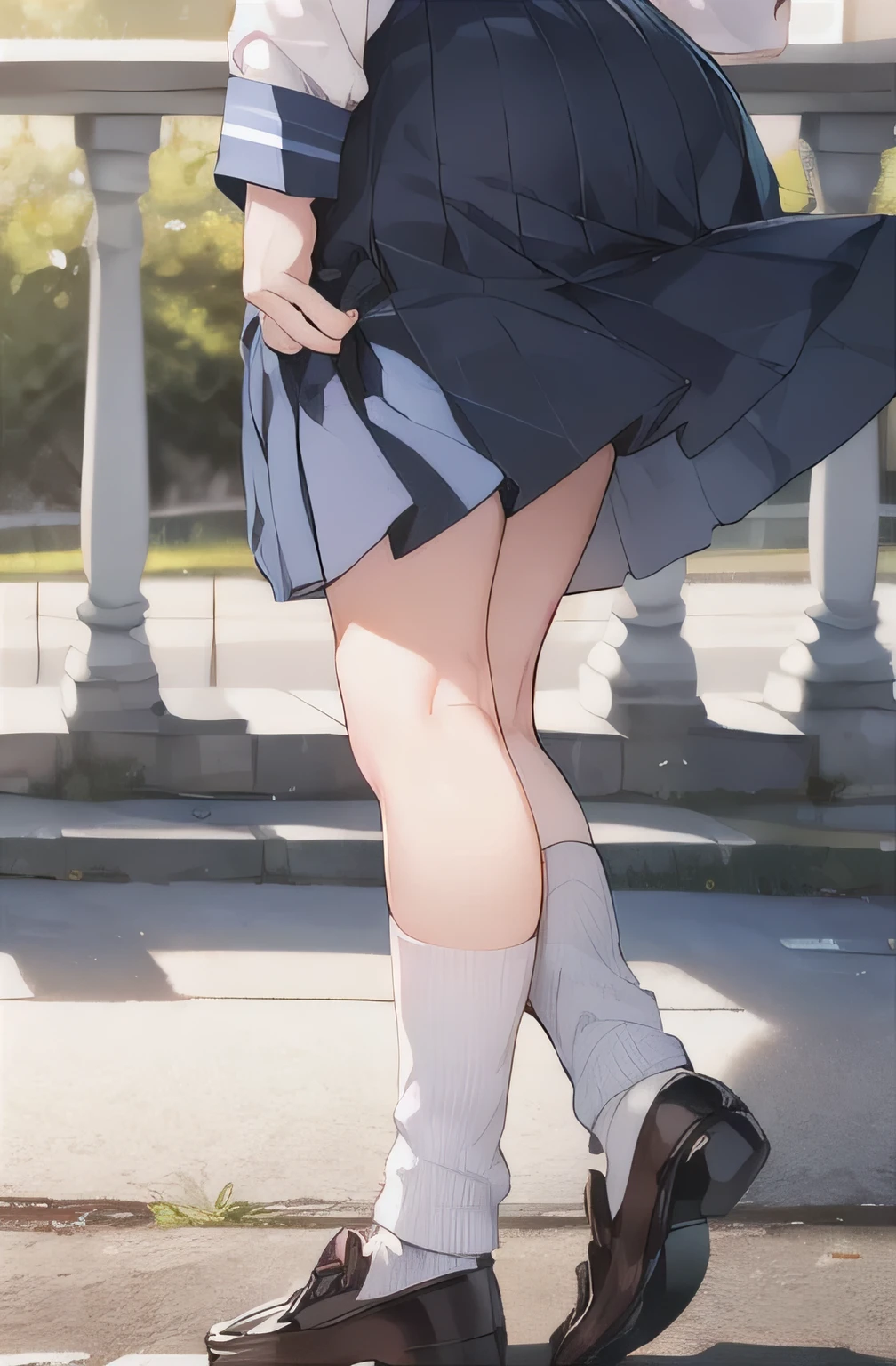 a woman, eyes with realistic sizing, drooping eyes, shame smile, realistic skin, dark hour of down, on the way home from school, landscape with river and bridge in the background, (((a strong wind lifts up her skirt))), shirt, all sorts of pattern panties, pantyhose, angle from below, trotting, long hair up, sneakers,
