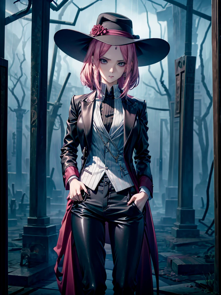 cornelia, Beautiful pink hair woman sakura h is shown to have a sexy figure. She is wearing a  mafia attire , jewelry, holding a black umbrella, Girl standing in a graveyard, sexy session, front facing viewer, cowboy shot, superior quality, many details, realistic, moody face, cloudy rainy day, black mafia hat, wearing black pants, raining