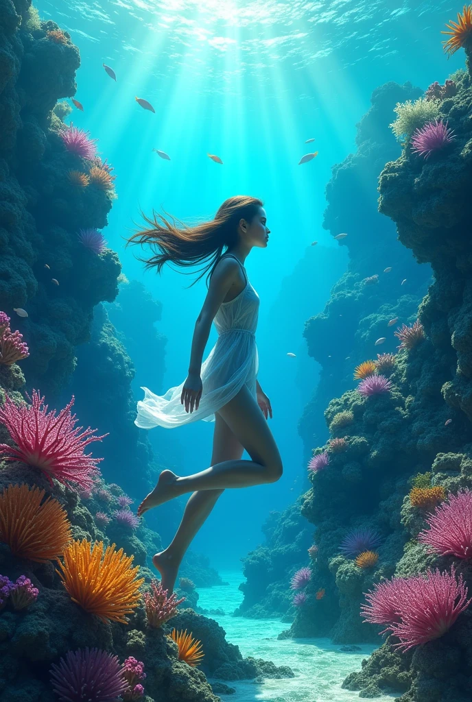 The image depicts a fairytale underwater scene where dazzling coral reefs mingle with a myriad of shimmering fish. A graceful  bikini-clad woman swims explores the depths of a colorful coral reef, surrounded by small bioluminescent creatures that dance around her, leaving behind luminous trails, surrounded by a symphony of colors and aquatic life.( Above the surface, a huge, enigmatic eye emerges from swirling cosmic waves, creating a striking contrast. where the night sky merges with the ocean, dotted with glittering galaxies.) The whole scene is bathed in an atmosphere of dreams and magic, where every element evokes a fantastic and wonderful universe, full of mystery and wonder.