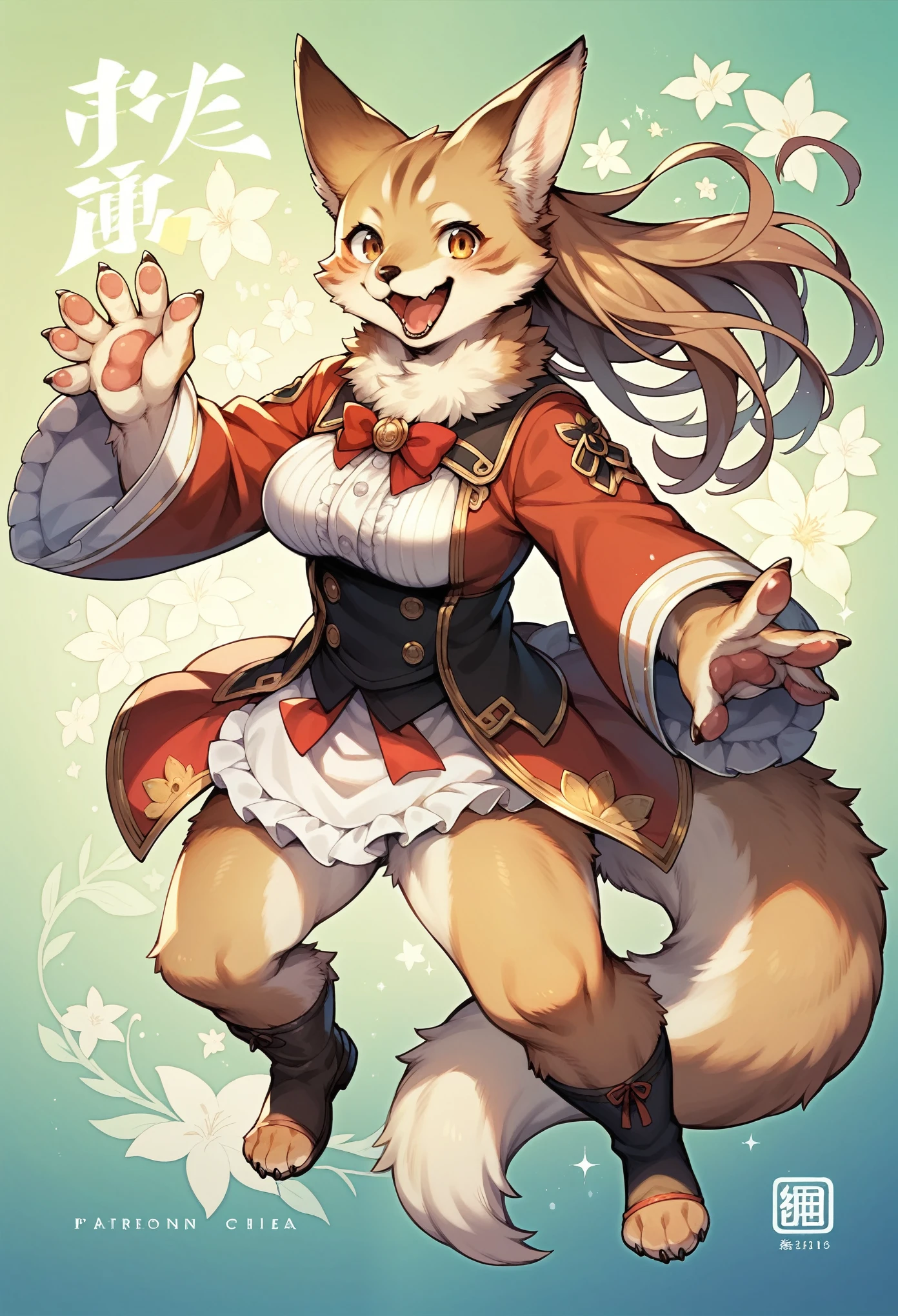 highres, top quality, best quality, paid reward available, High-quality illustrations by Johannes Vermeer, unparalleled masterpiece, perfect artwork, absurdres, perfect anatomy(highly detailed beautiful face and eyes)(angelic cute 1girl, kemono, solo focus)(furry)(furry anthro:1.7)(Furry body, dog facial features, dog body features)(very detailed body fur)full body, dynamic pose,