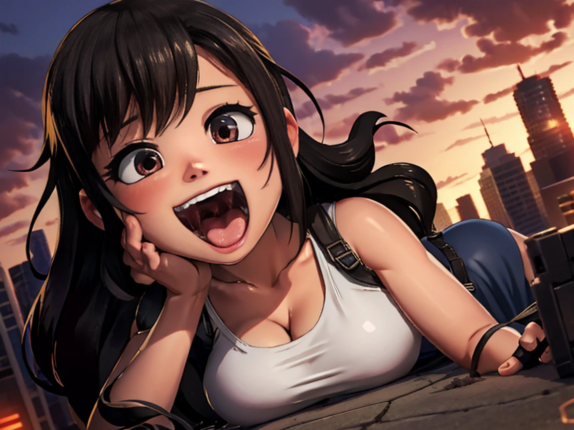 tifa lockhart, final fantasy vii remake, 1girl, black hair, blurry,  red eyes,  wearing her signature white tank top,  and fingerless gloves. Tifa Lockhart from Final Fantasy VII with a playful expression, tongue out, and a slight blush on her cheeks. She smiles mischievously while looking at the viewer, her massive size emphasized by her giantess form. The scene captures a close-up of her face, with Tifa towering over a small urban area, lying face down, smiling playfully with her mouth open wide, ready to eat tiny people she holds in her hand. The low-angle perspective from the street shows her enormous figure dominating the view, her long hair cascading down around her. With the backdrop of a sunset casting a warm glow, small buildings crumble around her, steam rising from the rubble as terrified residents flee. Tifa blushes slightly, enjoying the chaos, while her fingers grip the tiny people, lifting them towards her open mouth. The scene blends horror and awe, capturing the playful yet powerful nature of Tifa in this anime-style aesthetic."