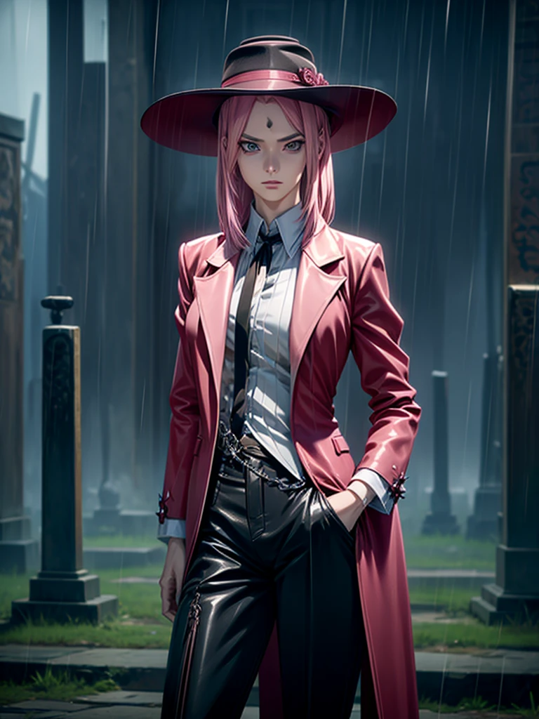 cornelia, Beautiful pink hair woman sakura h is shown to have a sexy figure. She is wearing a  mafia attire , jewelry, Girl standing in a graveyard, sexy session, front facing viewer, cowboy shot, superior quality, many details, realistic, moody face, cloudy rainy day,  wearing black pants, raining, wearing mafia hat