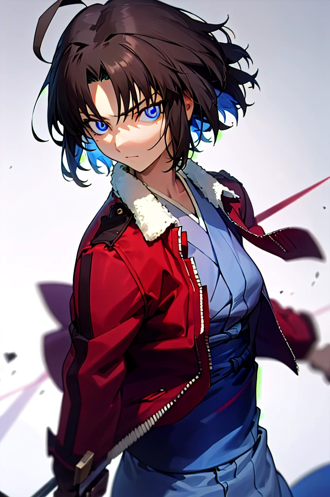 best quality, masterpiece, highres, solo, (dynamic angle), (cool), (hmshiki), (short hair, ahoge, red jacket, blue eyes, blue kimono, open clothes, fur trim), wield a knife at viewer, red moon, portrait, looking at viewer, perfect anatomy, perfect proportion, noise removal