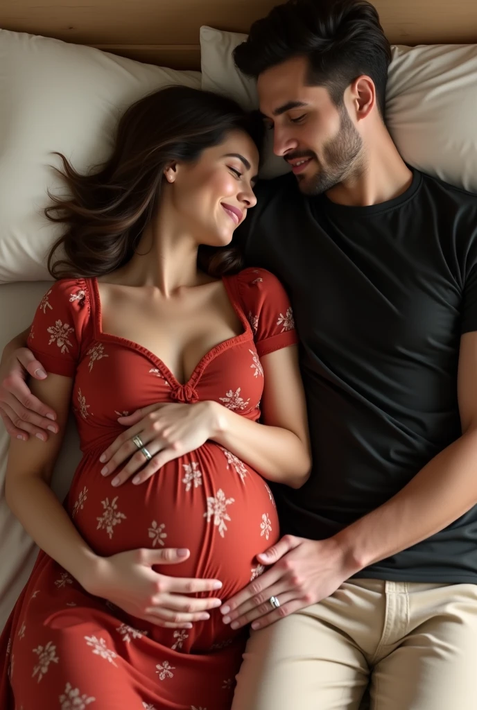 girl pregnant, sitting in bed next to her boyfriend, 18 years old, blonde hair, long hair, pigtails hairstyle,blue eyes, bright eyes, lined eyes, red lipstick, smile, cute, sexy, thick, big breasts, nipples, thick legs, (((white sleeveless pijama))),cap,earrings, necklace, bracelets, red nails, white sneakers,buttocks, very big ass, thin waist, wide hips, looking at the camera,in a room sitting next to her boyfriend, boyfriend,full body, (((voluptuous woman))), fancy