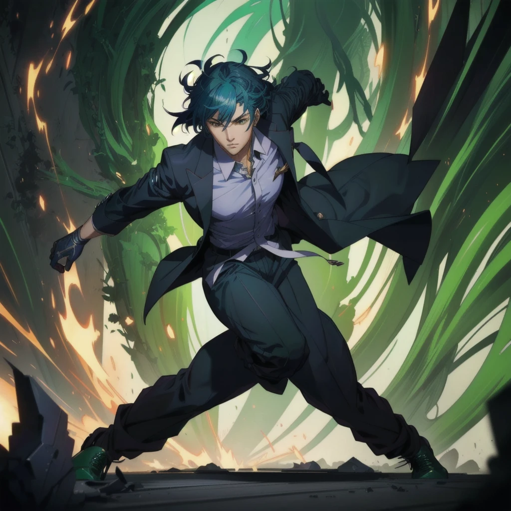 anime character in suit and tie running through a green whirlpool, handsome guy in demon slayer art, official character art, official character illustration, Steven Artgerm Lau, cushart krenz arte chave feminino, krenz cushart and artgerm, 由杨J, initial character art, netflix mystery, artgerm julie bell beeple