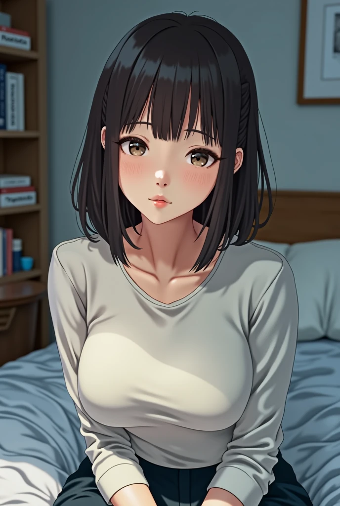 ((32 year old adult calm woman)),Black underwear、((Adult women casual beige clothes))、((Take off your clothes a little and sit on the bed))、Long head of black hair,At the front door、((With an obscene look))