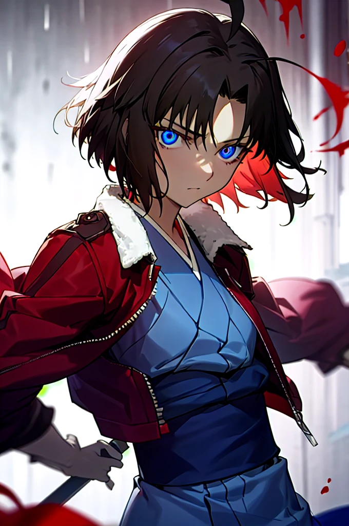 best quality, masterpiece, highres, solo, (dynamic angle), (cool), (hmshiki), (short hair, ahoge, red jacket, blue eyes, blue kimono, open clothes, fur trim), wield a knife at viewer, red moon, rain, blood rain, portrait, looking at viewer, perfect anatomy, perfect proportion, noise removal