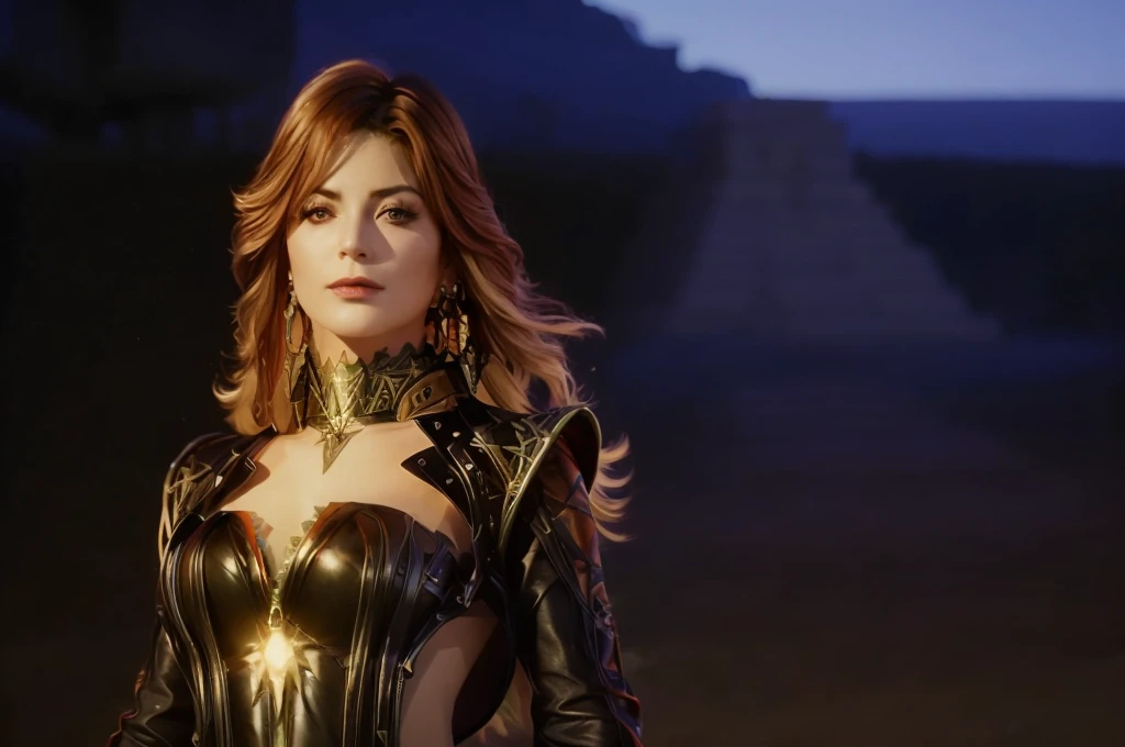 A adult girl in realistic portrait of high quality and detail, redhead girl, medium breast, movie style, She is wearing a black leather motorcycle jacket and leather trousers. She stands in front of the Mayan pyramid, The Mayan pyramids on background, Mavuika from Genshin Impact, fine face, dark fantasy, ashes fall from the sky, flame aura from her, dark and mysterious atmosphere, looking at viewer, (ultra-high detail:1.2), Masterpiece, Best Quality, Ultra-detailed, Cinematic lighting, 8K, delicate features, cinematic, 35 mm lens, f/1.9, highlight lighting, global lighting –uplight –v 4, cinematic, intense gaze, Cinematic lighting, 8K, high quality, Highest Quality, (Solo Focus), (extremly intricate:1.3), (Realistic), dramatic, masterful, Analog style, (Film grain:1.5), (warm hue, cold tone), a close up of a person surrounded, destruction behind back, (masterpiece), (extremely complex: 1.3),, (realistic), Portrait photo of a girl, the most beautiful in the world, (medieval armor), metallic reflections, upper body, Outdoors, Bright sunlight, Distant castle, Professional photography of a stunning and detailed woman, clear focus, spectacular, award-winning, cinematic lighting, Octane rendering, unreal engine, DTX volumetric (film grain, sideways, blurred foreground, blurred background),