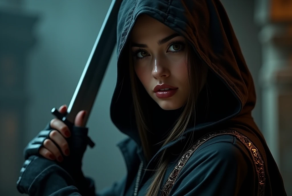 a blue hooded female anime sniper archer,detailed face and eyes,beautiful detailed lips,extremely detailed eyes and face,long eyelashes,corset,belt,bow and arrow,dark atmosphere,digital art,highly detailed,intricate,elegant,dramatic lighting,cinematic,concept art,fantasy,moody,photorealistic,8k,best quality,masterpiece,ultra-detailed