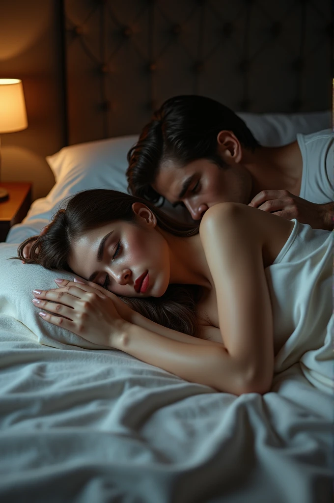 Levi with ana de armas in the bed cuddling and loving with clothes off as they are just talking and cuddling 4k