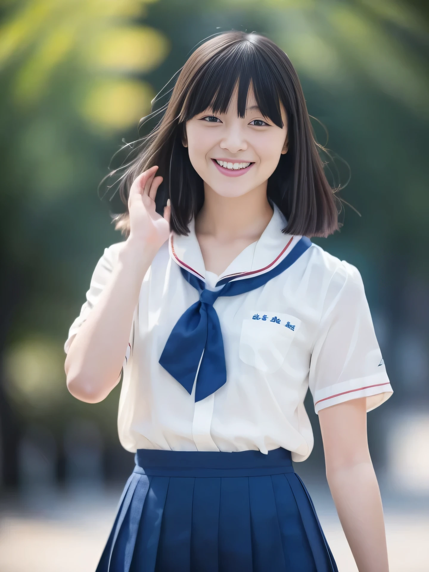 photorealistic, extremely delicate and beautiful, ultra-detailed, (best quality, 8k, 32k, masterpiece, UHD:1.2), SIGMA 85 mm F/22, ISO 400, Photo of 17yo pretty Japanese gravure idol walking in train station platform, JK school uniform, short sleeves, neckerchief, blue pleated miniskirt, pale skin, charming look, charming figure, delicate body shape, grin,