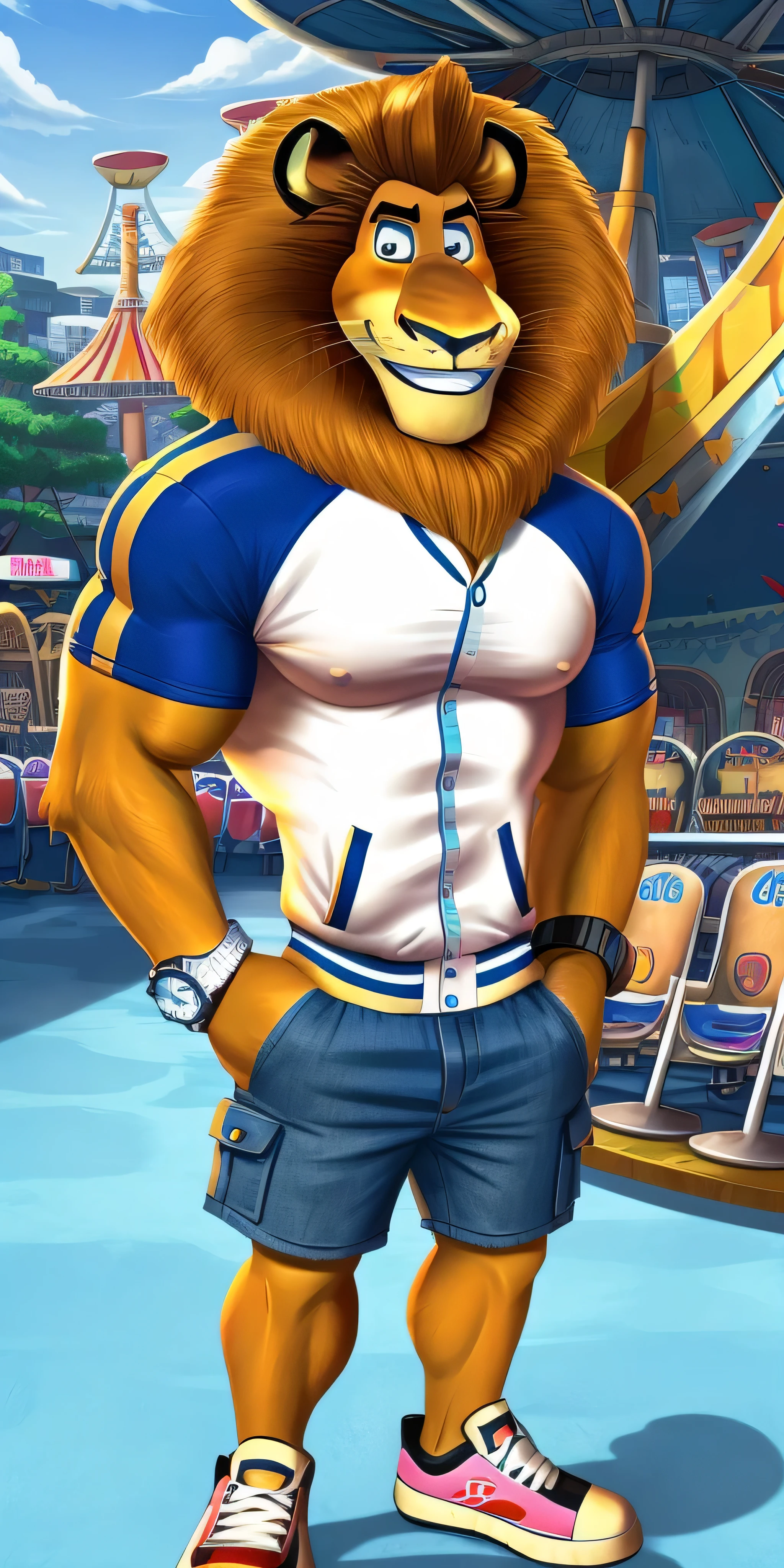 Alex the Lion, muscular body, big biceps, extremely beautiful and cute face, wears white t-shirt, cyan varsity jacket, denim cargo shorts, hands in pockets, fancy sneakers, fancy watch on his right wrist, amusement park background, selfie, gentle look, cute smiling