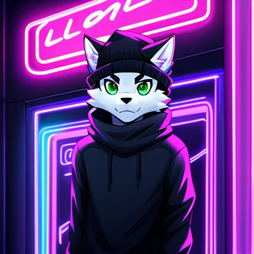 personality、رجلy people、Frey、ager、Black and white fur、Black sweater with winter hat、green eyes、wolf、ذيل الwolf、clarification、black pants neon lights,Modern neon lights,neon LED