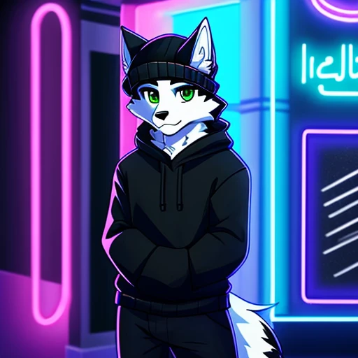 personality、رجلy people、Frey、teenager、Black and white fur、Black sweater with winter hat、green eyes、wolf、ذيل الwolf、clarification、black pants neon lights,Modern neon lights,neon LED