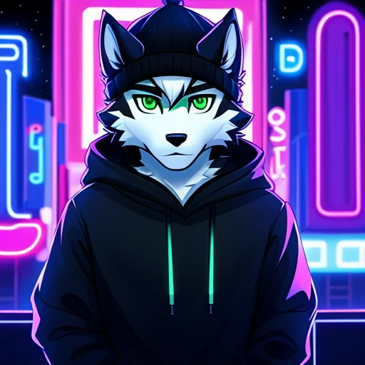 personality、رجلy people、Frey、teenager、Black and white fur、Black sweater with winter hat、green eyes、wolf、ذيل الwolf、clarification、black pants neon lights,Modern neon lights,neon LED