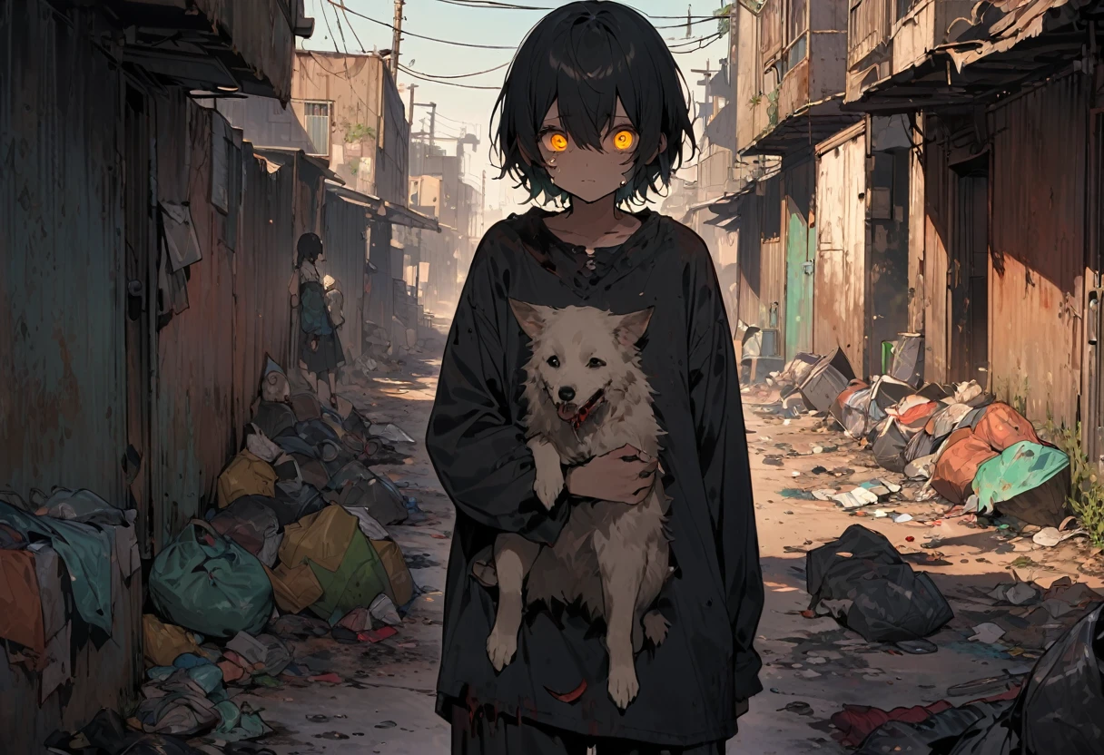 This 19-year-old character has a disturbing and fearful appearance. has brown hair, falling in messy locks on his pale, angular face. His eyes are the most noticeable, ya que son de un azul celeste intenso, casi brillantes, que resaltan en contraste con su piel.
His smile is gloomy and disturbing, llena de dientes filosos, who appear to be more numerous and sharper than normal. Esto le da un aspecto siniestro y amenazador. Viste una sudadera gris, desgastada y manchada, that gives it a scruffy air.
En cuanto a su vestimenta inferior, lleva unos pantalones de mezclilla azul, which also appear to be worn and stained. Sus tenis son negros y desgastados, reflejando la falta de cuidado en su apariencia general.
En su mano, este personaje sostiene un machete ensangrentado, lo que implica un pasado violento o un comportamiento peligroso. Este detalle agrega un elemento adicional de horror y amenaza a su imagen. Furthermore, He is accompanied by 2 black dogs, cuyos ojos son de un rojo intenso y penetrante. These dogs seem to be under his control and stay close to him, increasing the sense of danger and evil surrounding the character.
Esta escena tiene lugar en una calle solitaria durante la noche, lo que crea un ambiente de suspense y misterio. The combination of the character's gloomy appearance, the bloody machete and red-eyed dogs generate a disturbing atmosphere typical of the world of Creepypastas.