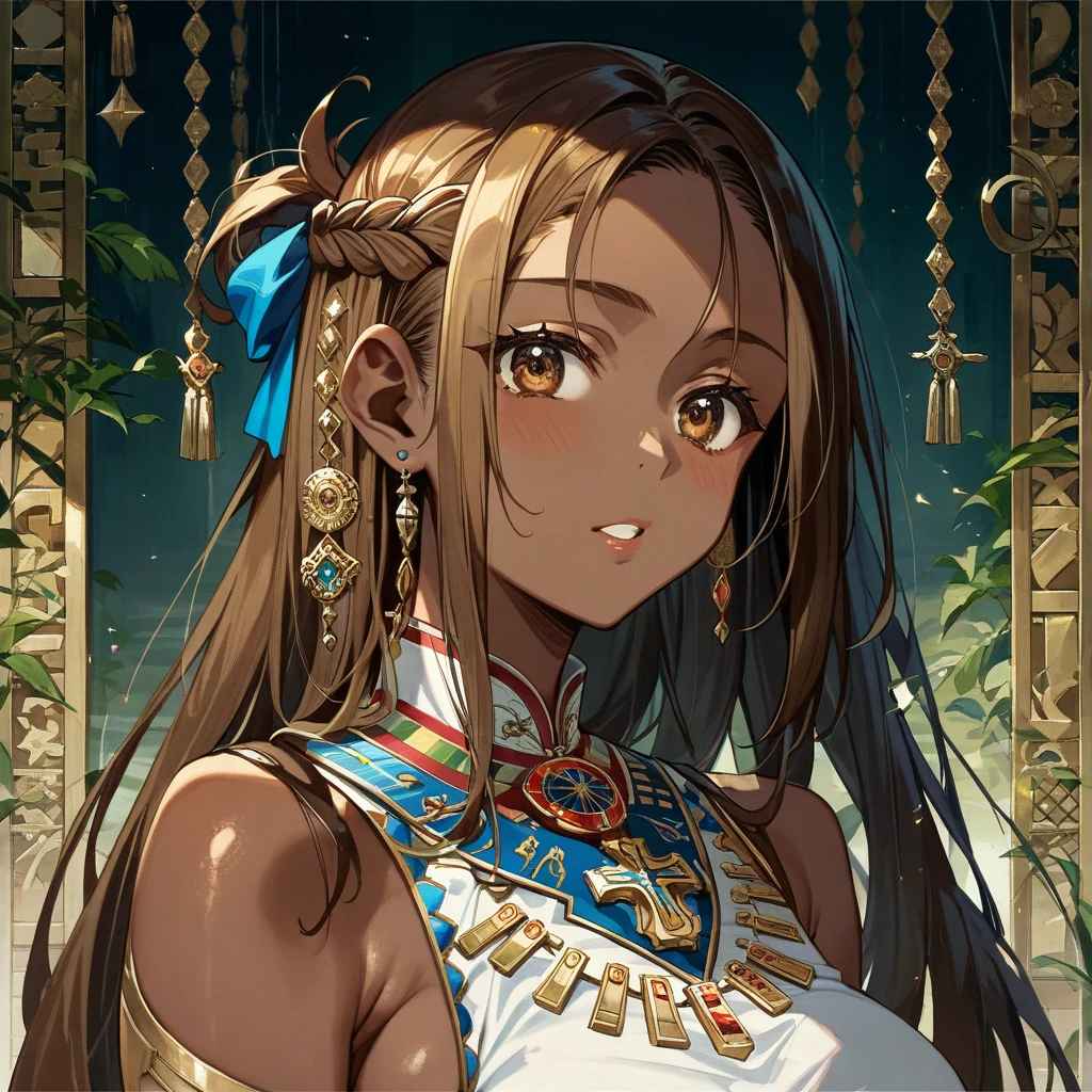 a beautiful woman in tribal outfit, detailed face and eyes, long dark hair,glowing skin,intricate tribal tattoos,beaded necklace and bracelets,earthy tones,dramatic lighting,cinematic composition,(best quality,4k,8k,highres,masterpiece:1.2),ultra-detailed,(realistic,photorealistic,photo-realistic:1.37),detailed portrait,dramatic lighting,moody atmosphere