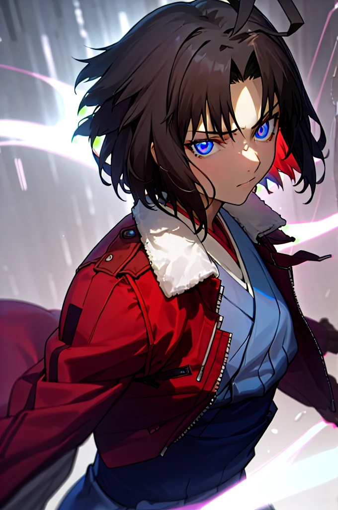 best quality, masterpiece, highres, solo, (dynamic angle), (cool), (hmshiki), Ryougi Shiki, (short hair, ahoge, red jacket, blue eyes, blue kimono, open clothes, fur trim), wield a knife at viewer, red moon, rain_blood rain, portrait, perfect anatomy, perfect proportion, noise removal