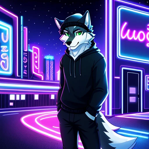 personality、رجلy people、Frey、teenager、Black and white fur、Black sweater with winter hat、green eyes、wolf、ذيل الwolf、clarification、black pants neon lights,Modern neon lights,neon LED