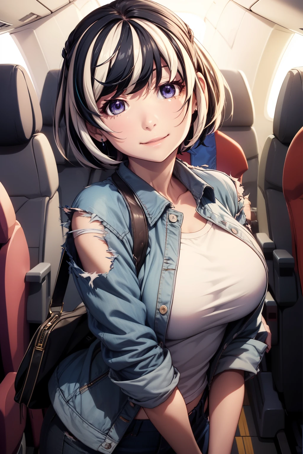 (anime、anime塗り)、masterpiece、Highest quality、High resolution、detailed、One girl、solo、Blue bag、Blue pants、White shirt、Torn clothes、Torn Shirt、Torn jacket、Torn Pants、hanekawa01、short hair、Black Hair、Purple Eyes、Gray Hair、Multicolored Hair、Two-tone hair、Striped Hair、Big Breasts:1.2、Close-up、Are standing、Putting your hands on your chest、smile、On the go、Inside the plane