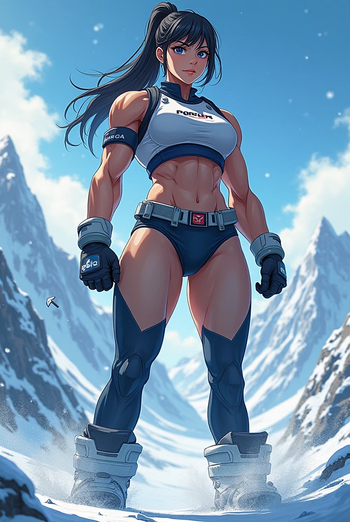 (Whole body:1.3) masterpiece, best quality, 1girl, korra, bright pale blue eyes, (deep chestnut brown skin:1.2), dark skin, toned arms , (strong shoulders) , mild abs, (toned thighs), thighs showing, midriff showing, smile,standing, arms behind head pose, snow field, surrounded by mystical fire ring,